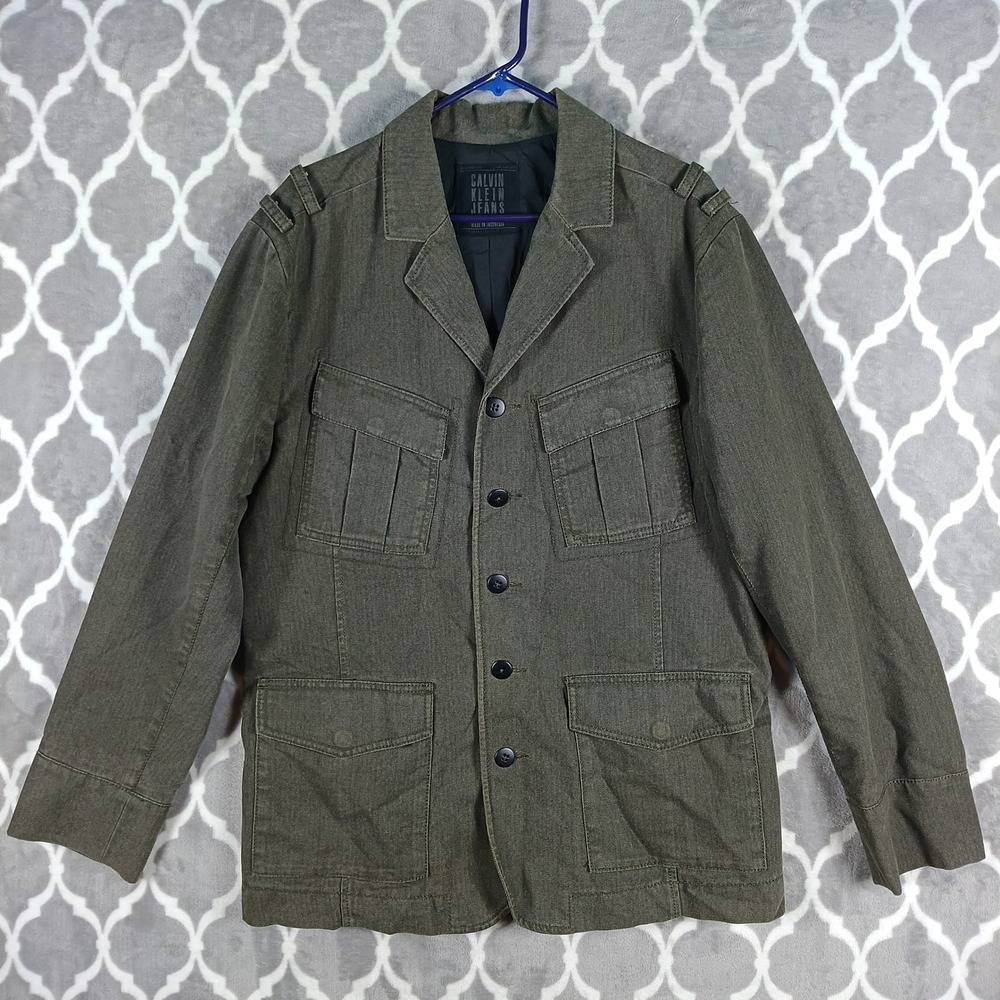 Calvin Klein Jeans Chore Jacket Men Large Olive Brown Utility Blazer Workwear